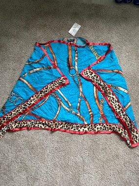 Turquoise Chain & Leopard Trim Shawl/Poncho Randi & Will Lightweight O/S